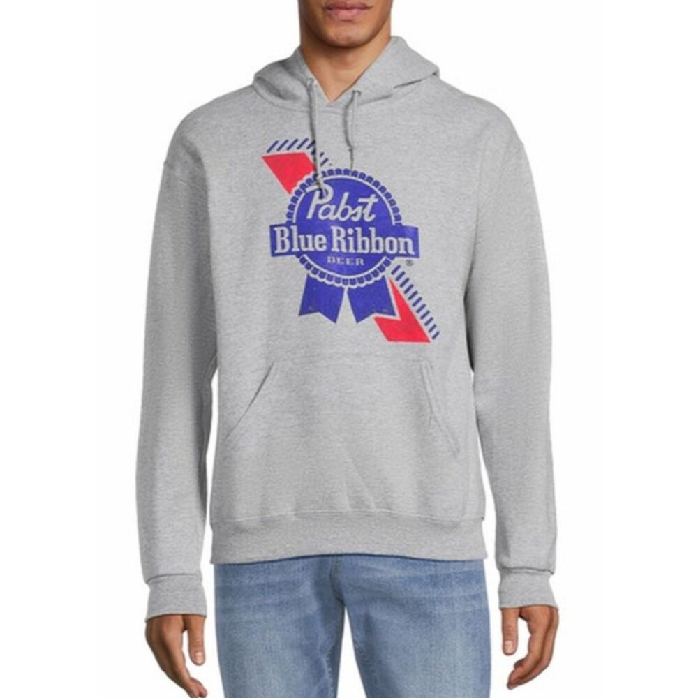 Pabst Blue Ribbon Beer Pullover Logo Hoodie w/Pocket Unisex Size S Heather Gray